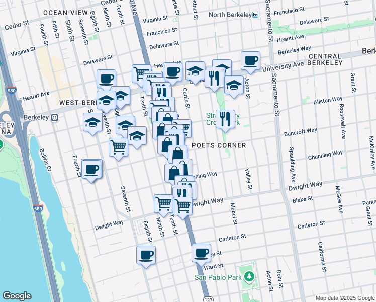 map of restaurants, bars, coffee shops, grocery stores, and more near 1138 Bancroft Way in Berkeley