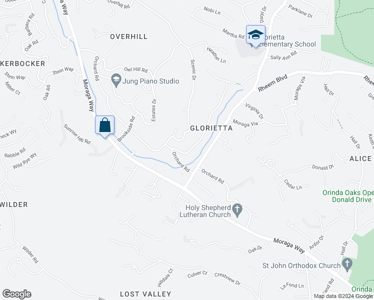 map of restaurants, bars, coffee shops, grocery stores, and more near 15 Valley Drive in Orinda