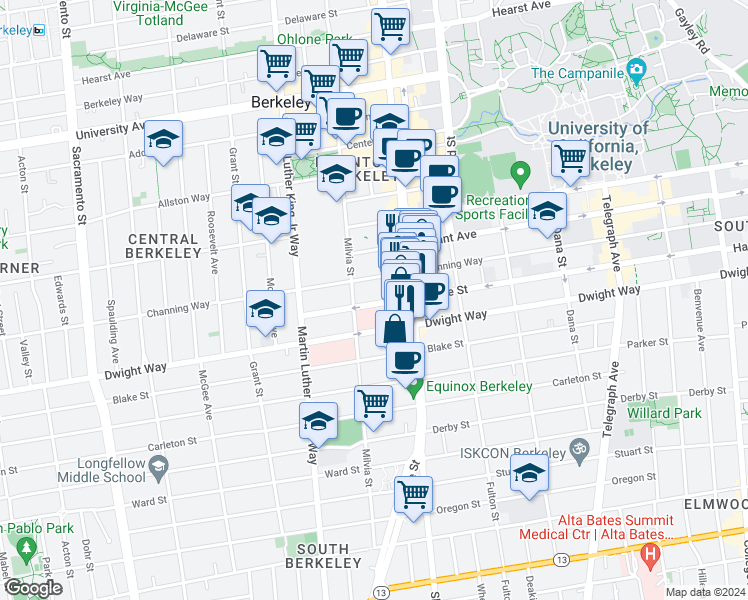 map of restaurants, bars, coffee shops, grocery stores, and more near 2019 Haste Street in Berkeley