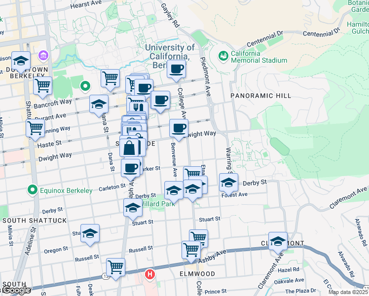 map of restaurants, bars, coffee shops, grocery stores, and more near 2529 Benvenue Avenue in Berkeley