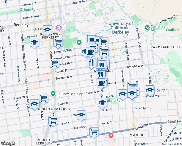 map of restaurants, bars, coffee shops, grocery stores, and more near Dwight Way & Dana St in Berkeley