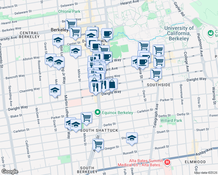 map of restaurants, bars, coffee shops, grocery stores, and more near 2133 Dwight Way in Berkeley