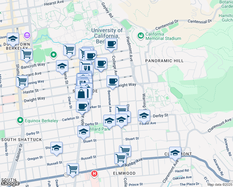 map of restaurants, bars, coffee shops, grocery stores, and more near 2520 College Avenue in Berkeley