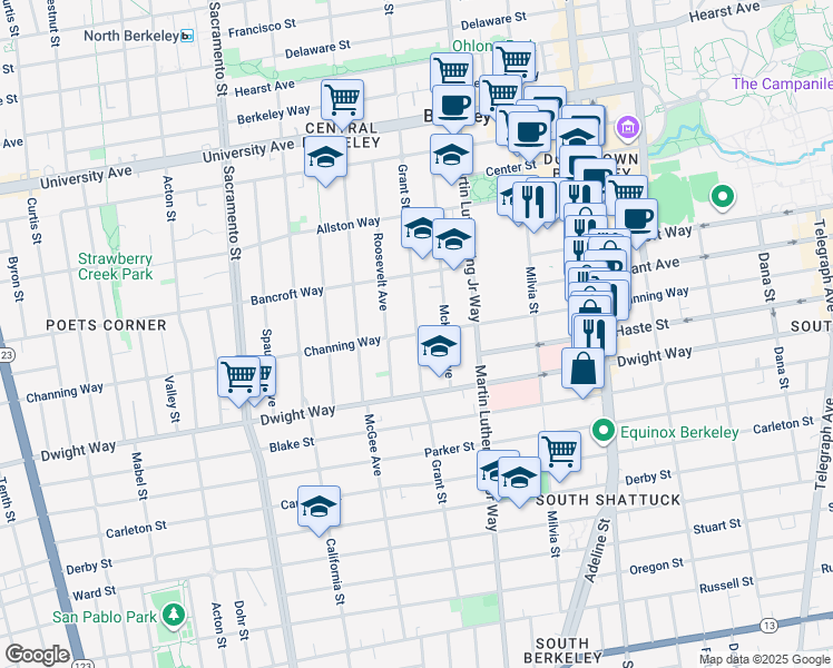 map of restaurants, bars, coffee shops, grocery stores, and more near Channing Way in Berkeley
