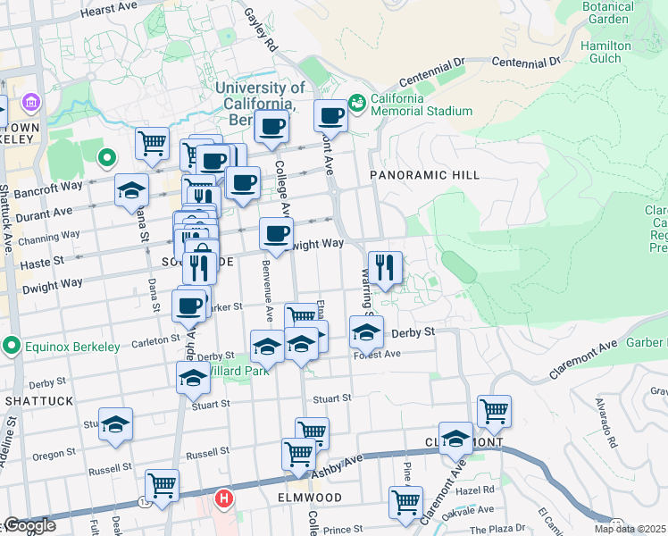 map of restaurants, bars, coffee shops, grocery stores, and more near 2532 Piedmont Avenue in Berkeley