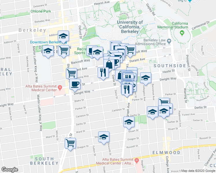 map of restaurants, bars, coffee shops, grocery stores, and more near 2324 Dwight Way in Berkeley