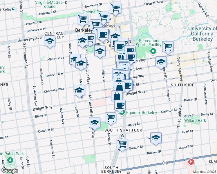 map of restaurants, bars, coffee shops, grocery stores, and more near 2001 Haste Street in Berkeley