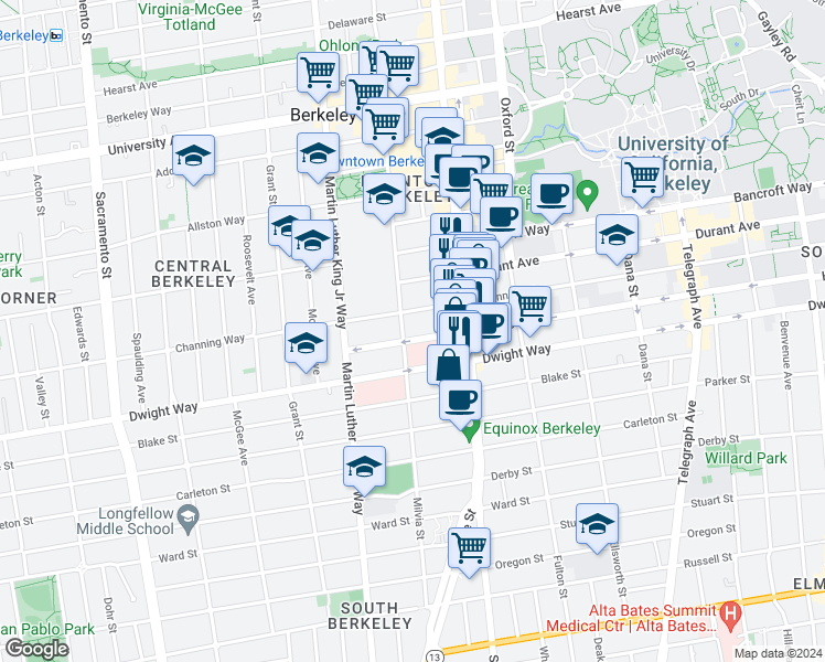 map of restaurants, bars, coffee shops, grocery stores, and more near 2001 Haste Street in Berkeley