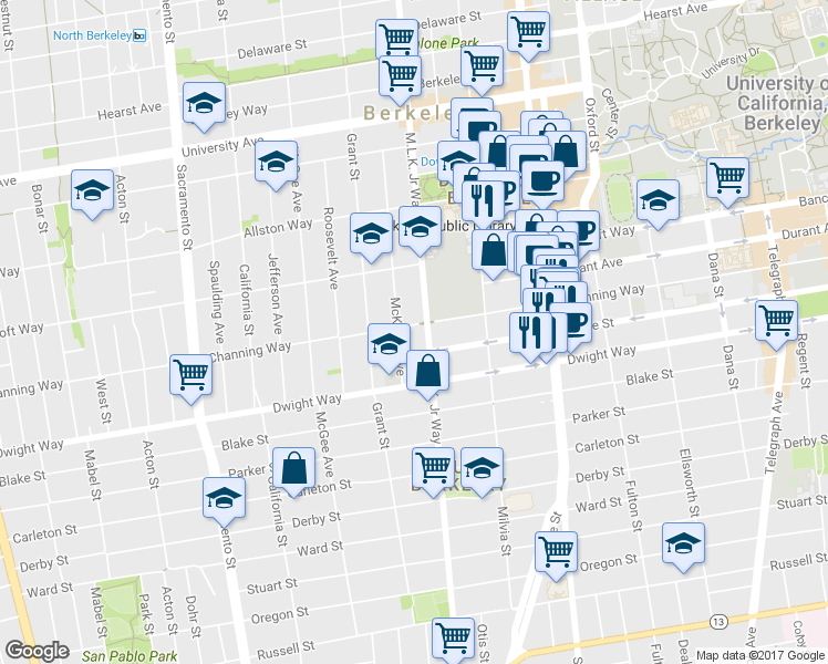 map of restaurants, bars, coffee shops, grocery stores, and more near 2414 Martin Luther King Junior Way in Berkeley