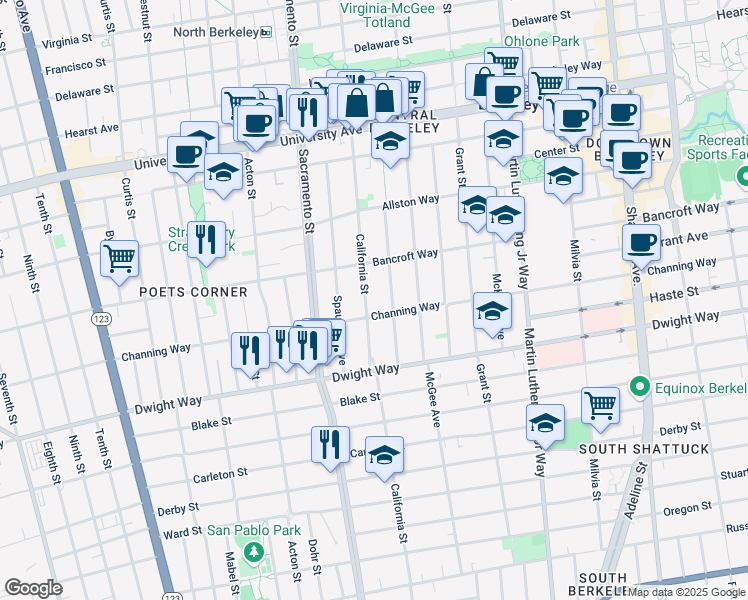 map of restaurants, bars, coffee shops, grocery stores, and more near in Berkeley