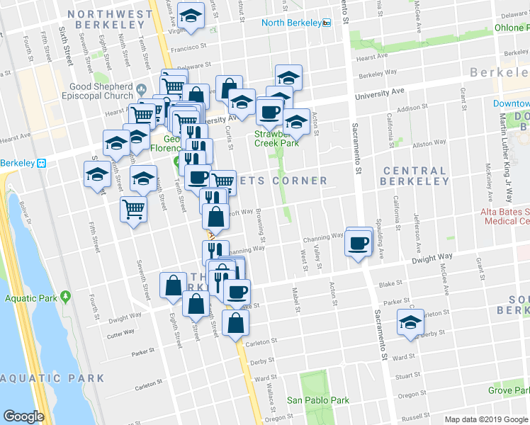 map of restaurants, bars, coffee shops, grocery stores, and more near 2311 Browning Street in Berkeley