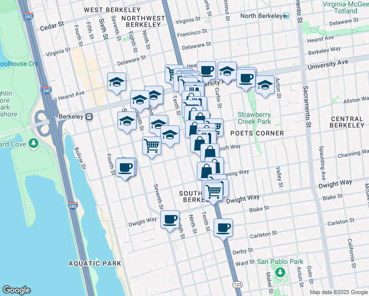 map of restaurants, bars, coffee shops, grocery stores, and more near 2246 Tenth Street in Berkeley