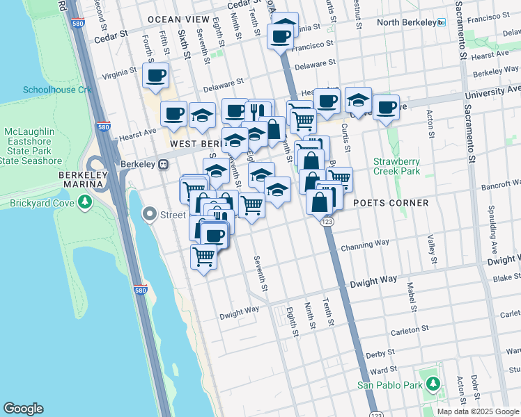 map of restaurants, bars, coffee shops, grocery stores, and more near 2231 Seventh Street in Berkeley