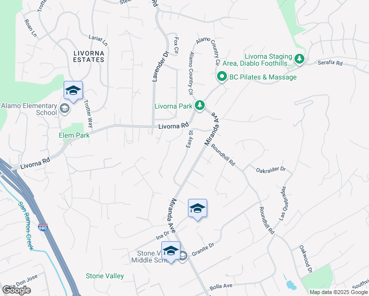 map of restaurants, bars, coffee shops, grocery stores, and more near 121 Easy Street in Alamo