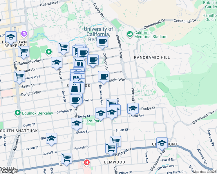 map of restaurants, bars, coffee shops, grocery stores, and more near 2520 College Avenue in Berkeley