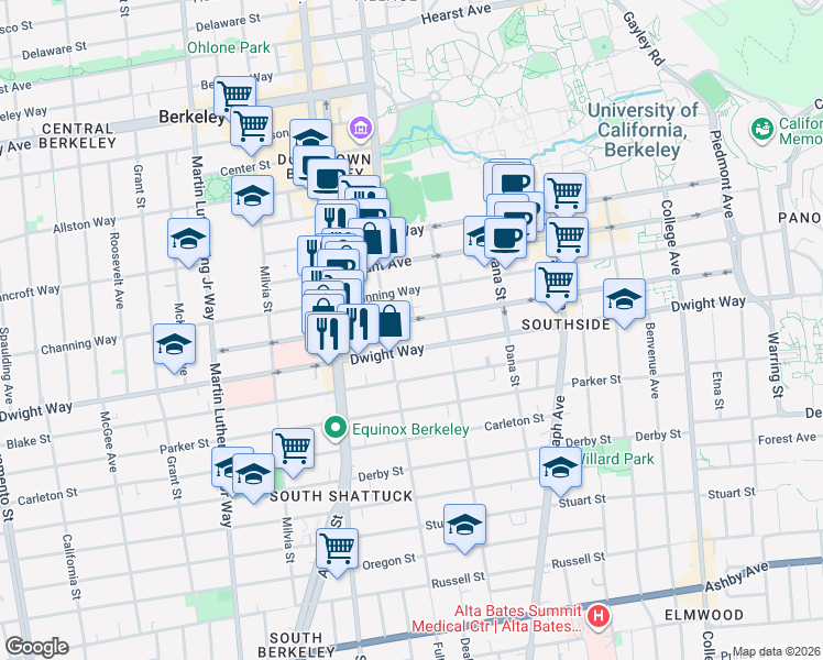 map of restaurants, bars, coffee shops, grocery stores, and more near 2218 Haste Street in Berkeley