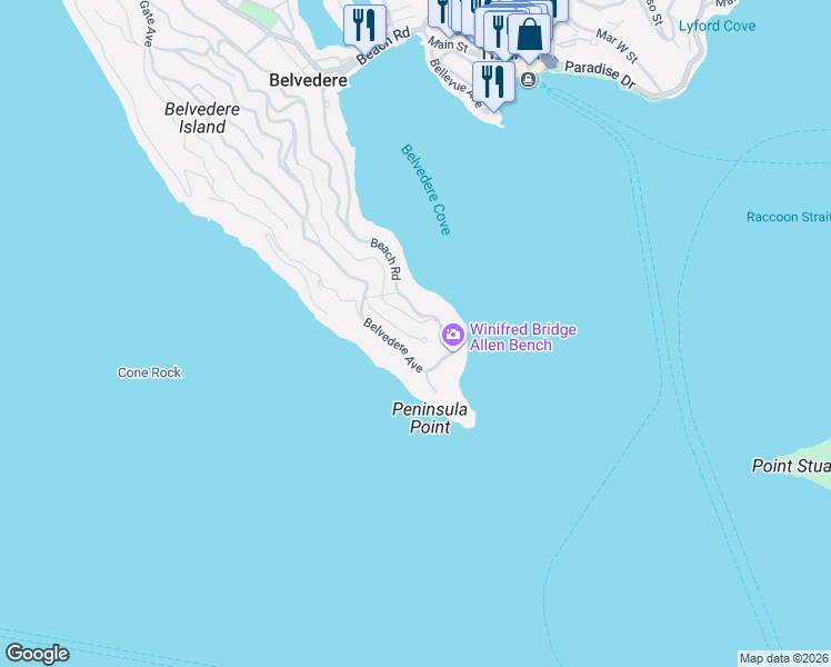 map of restaurants, bars, coffee shops, grocery stores, and more near 428 Golden Gate Avenue in Belvedere