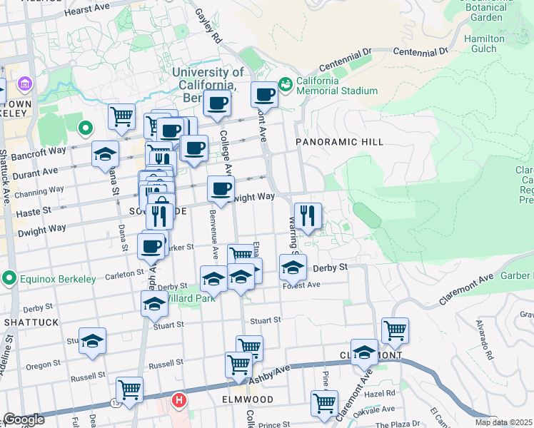 map of restaurants, bars, coffee shops, grocery stores, and more near 2532 Piedmont Avenue in Berkeley