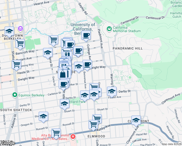 map of restaurants, bars, coffee shops, grocery stores, and more near 2529 Benvenue Avenue in Berkeley