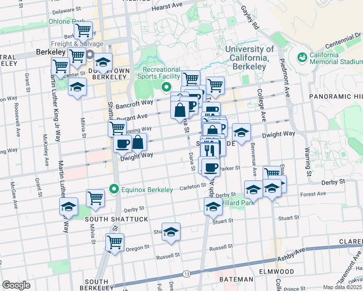 map of restaurants, bars, coffee shops, grocery stores, and more near 2324 Dwight Way in Berkeley