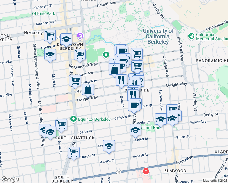 map of restaurants, bars, coffee shops, grocery stores, and more near 2324 Dwight Way in Berkeley