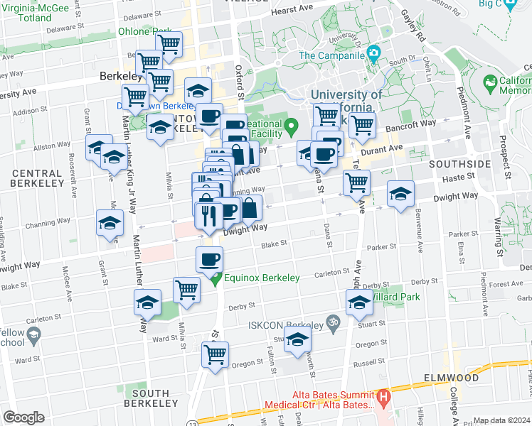 map of restaurants, bars, coffee shops, grocery stores, and more near 2201 Dwight Way in Berkeley