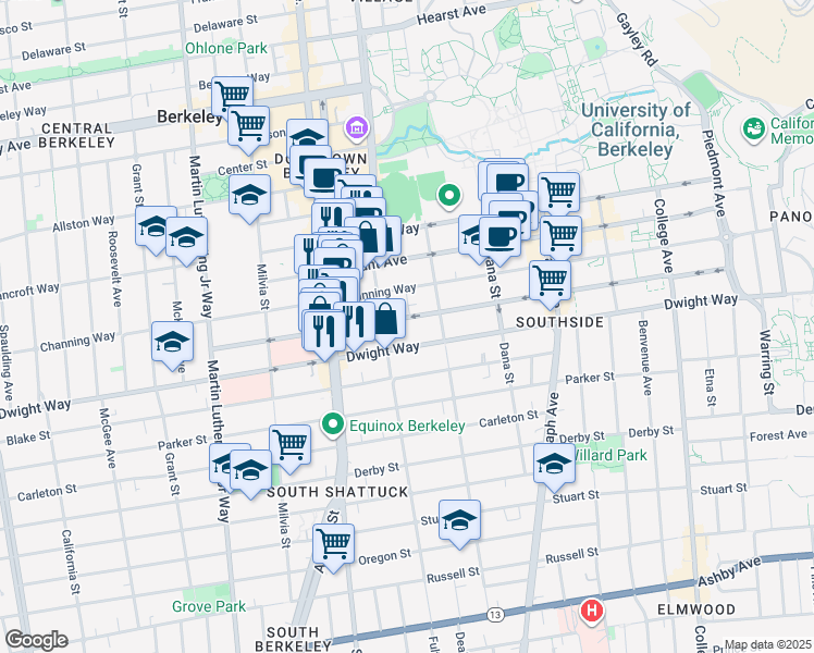 map of restaurants, bars, coffee shops, grocery stores, and more near 2201 Dwight Way in Berkeley