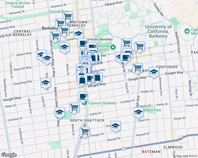 map of restaurants, bars, coffee shops, grocery stores, and more near 2201 Dwight Way in Berkeley