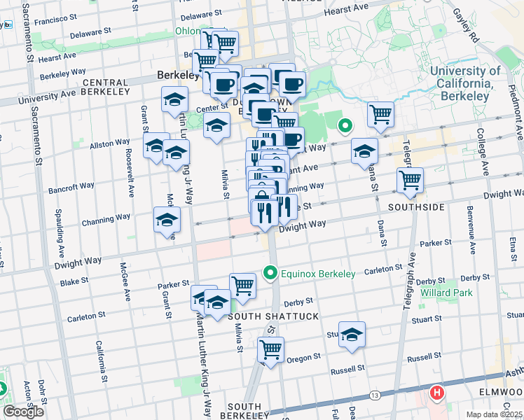 map of restaurants, bars, coffee shops, grocery stores, and more near 2430 Shattuck Avenue in Berkeley