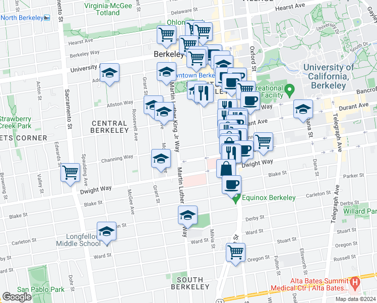 map of restaurants, bars, coffee shops, grocery stores, and more near 1927 Haste Street in Berkeley