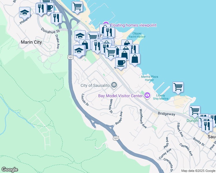 map of restaurants, bars, coffee shops, grocery stores, and more near 618 Wateree Street in Sausalito
