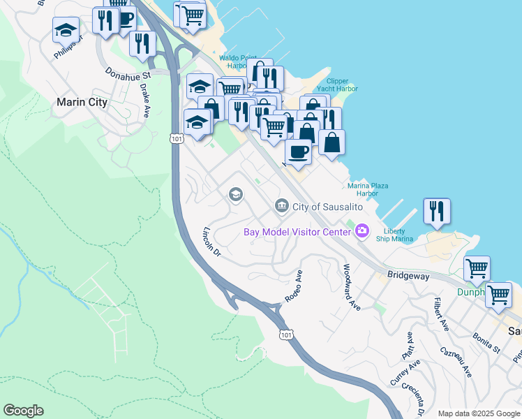 map of restaurants, bars, coffee shops, grocery stores, and more near 618 Wateree Street in Sausalito