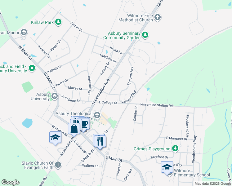 map of restaurants, bars, coffee shops, grocery stores, and more near 210 East Morrison Street in Wilmore
