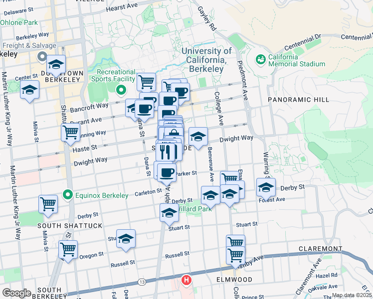 map of restaurants, bars, coffee shops, grocery stores, and more near 2530 Dwight Way in Berkeley