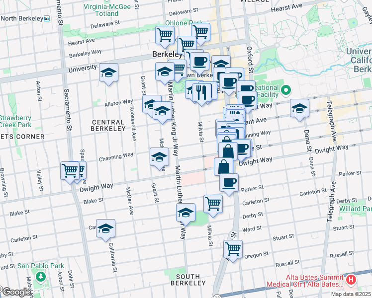 map of restaurants, bars, coffee shops, grocery stores, and more near 1914 Channing Way in Berkeley