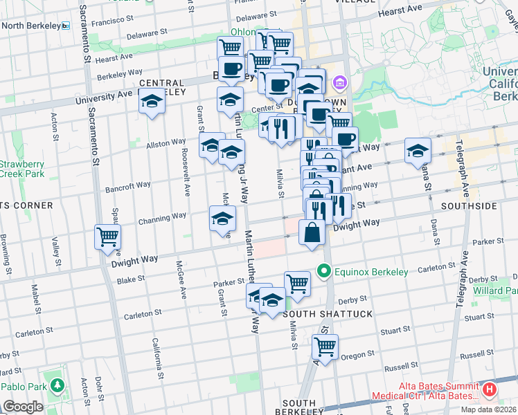 map of restaurants, bars, coffee shops, grocery stores, and more near 1914 Channing Way in Berkeley