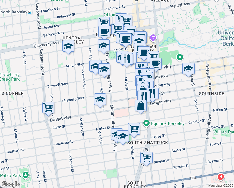 map of restaurants, bars, coffee shops, grocery stores, and more near 1914 Channing Way in Berkeley