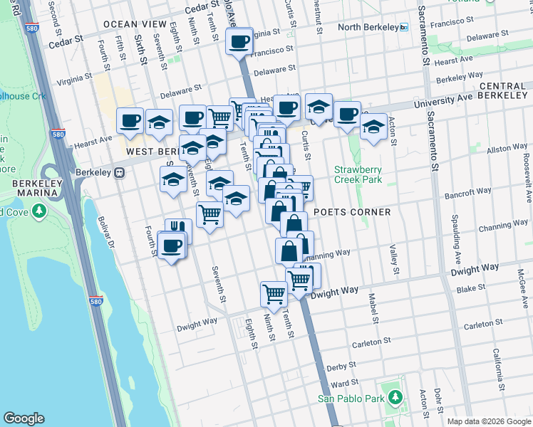 map of restaurants, bars, coffee shops, grocery stores, and more near 2246 Tenth Street in Berkeley
