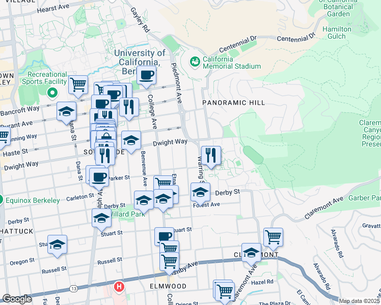 map of restaurants, bars, coffee shops, grocery stores, and more near 2532 Piedmont Avenue in Berkeley