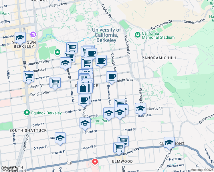 map of restaurants, bars, coffee shops, grocery stores, and more near 1601 Allston Way in Berkeley