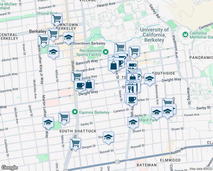 map of restaurants, bars, coffee shops, grocery stores, and more near 2324 Dwight Way in Berkeley