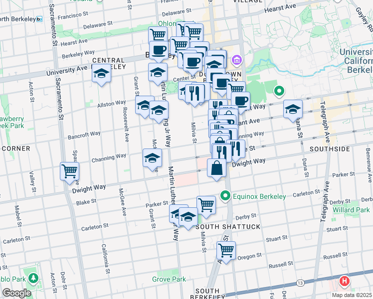 map of restaurants, bars, coffee shops, grocery stores, and more near 1927 Haste Street in Berkeley