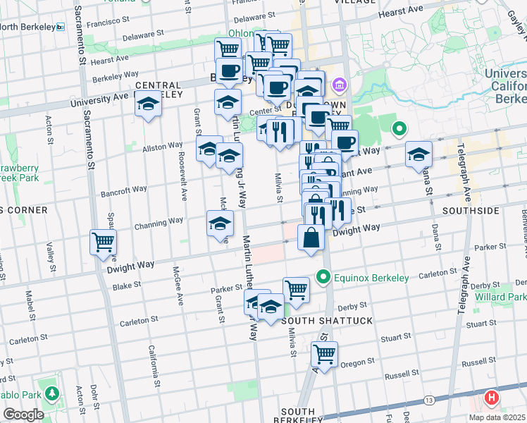 map of restaurants, bars, coffee shops, grocery stores, and more near 1927 Haste Street in Berkeley