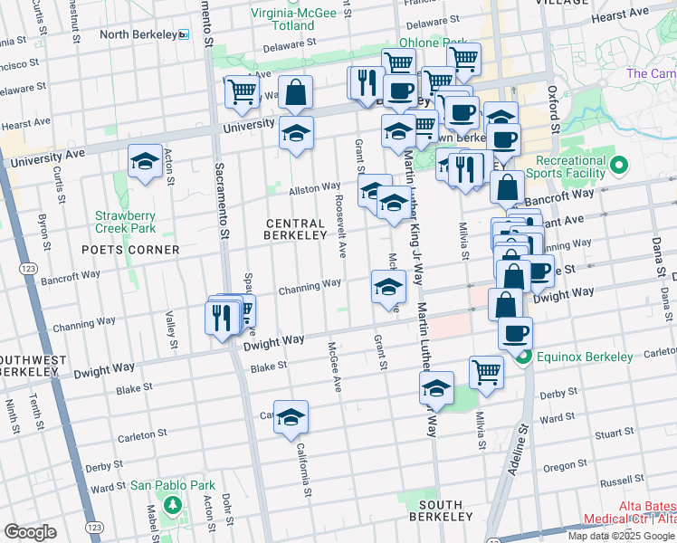 map of restaurants, bars, coffee shops, grocery stores, and more near 1728 Channing Way in Berkeley
