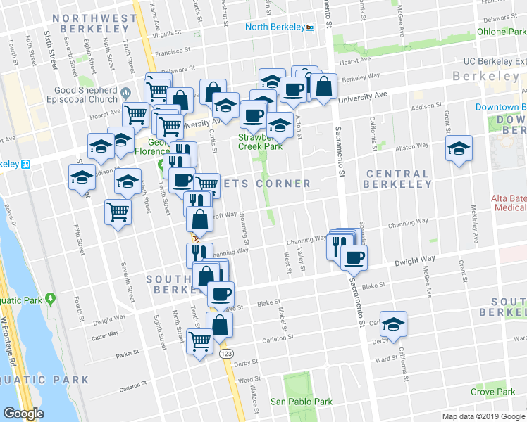 map of restaurants, bars, coffee shops, grocery stores, and more near 2326 Bonar Street in Berkeley