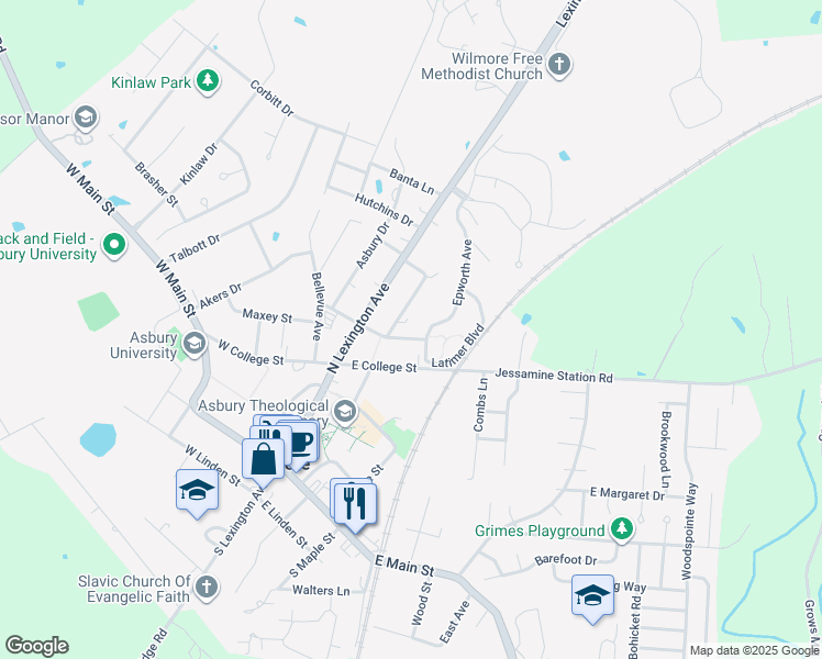 map of restaurants, bars, coffee shops, grocery stores, and more near 210 East Morrison Street in Wilmore