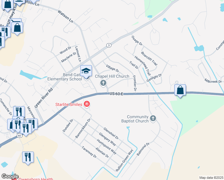 map of restaurants, bars, coffee shops, grocery stores, and more near 2536-2550 U.S. 60 in Henderson