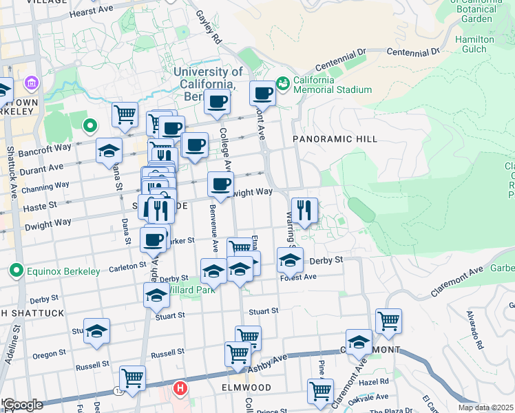 map of restaurants, bars, coffee shops, grocery stores, and more near 2519 Etna Street in Berkeley