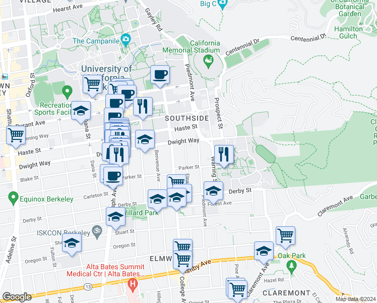 map of restaurants, bars, coffee shops, grocery stores, and more near 2519 Etna Street in Berkeley