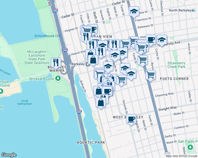 map of restaurants, bars, coffee shops, grocery stores, and more near 700 Allston Way in Berkeley